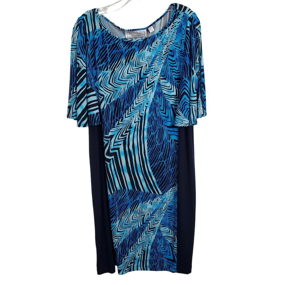 Simonton Says Size L Dress Cold Shoulder Split Sleeve Fluid Knit Wacky Print - Picture 2 of 11